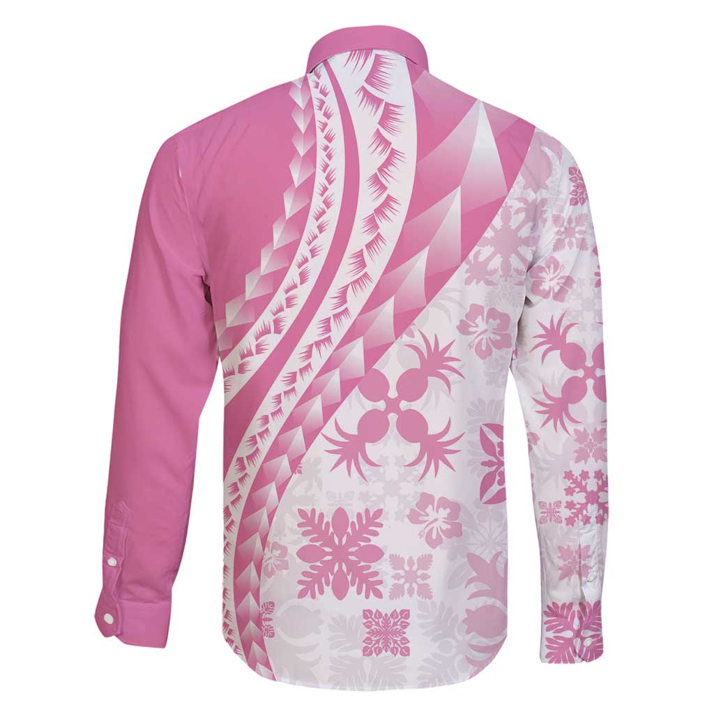 Pink Hawaiian Quilt Pattern Family Matching Long Sleeve Bodycon Dress and Hawaiian Shirt Mixed Polynesian Tribal Arty LT9 - Polynesian Pride