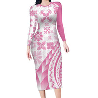 Pink Hawaiian Quilt Pattern Family Matching Long Sleeve Bodycon Dress and Hawaiian Shirt Mixed Polynesian Tribal Arty LT9 Mom's Dress Pink - Polynesian Pride