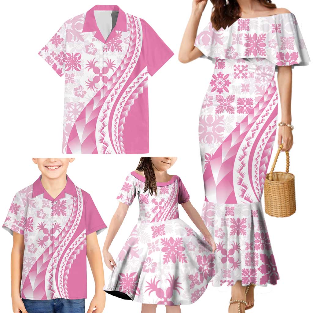 Pink Hawaiian Quilt Pattern Family Matching Mermaid Dress and Hawaiian Shirt Mixed Polynesian Tribal Arty