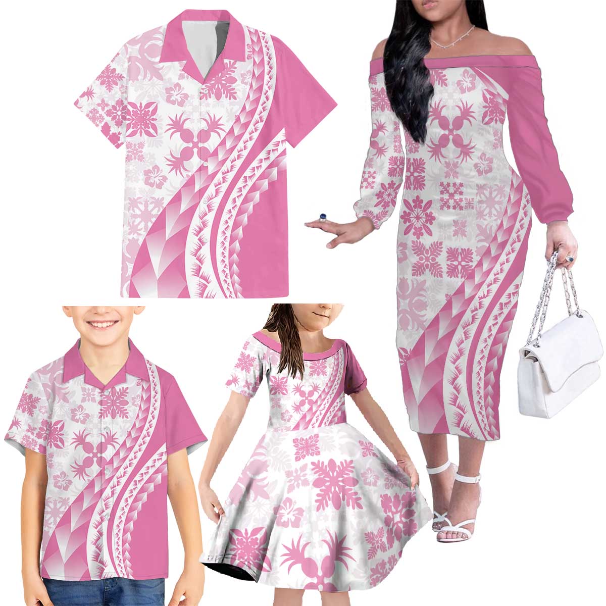 Pink Hawaiian Quilt Pattern Family Matching Off The Shoulder Long Sleeve Dress and Hawaiian Shirt Mixed Polynesian Tribal Arty