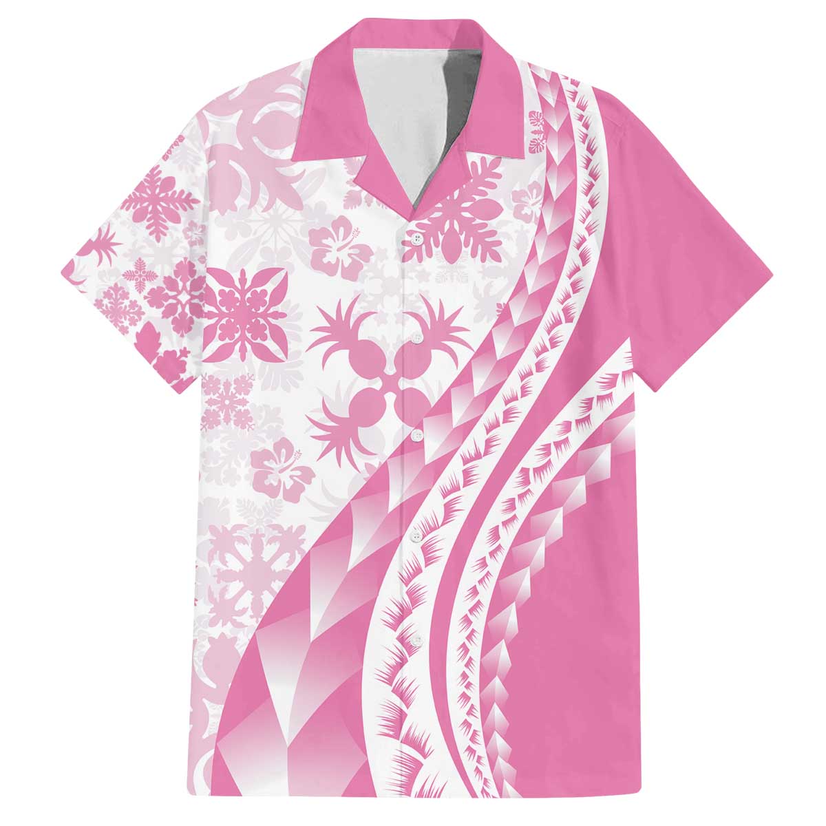 Pink Hawaiian Quilt Pattern Family Matching Off The Shoulder Long Sleeve Dress and Hawaiian Shirt Mixed Polynesian Tribal Arty