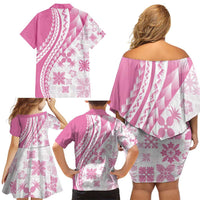 Pink Hawaiian Quilt Pattern Family Matching Off Shoulder Short Dress and Hawaiian Shirt Mixed Polynesian Tribal Arty