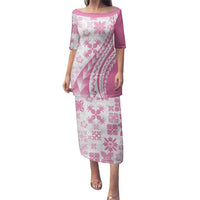 Pink Hawaiian Quilt Pattern Family Matching Puletasi and Hawaiian Shirt Mixed Polynesian Tribal Arty