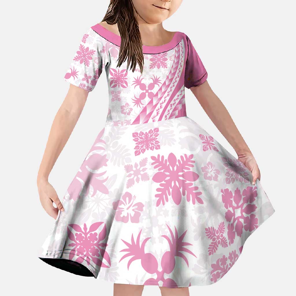 Pink Hawaiian Quilt Pattern Family Matching Short Sleeve Bodycon Dress and Hawaiian Shirt Mixed Polynesian Tribal Arty LT9 Daughter's Dress Pink - Polynesian Pride