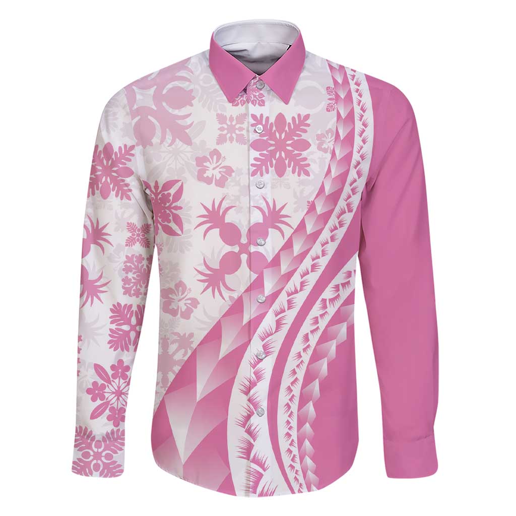 Pink Hawaiian Quilt Pattern Family Matching Short Sleeve Bodycon Dress and Hawaiian Shirt Mixed Polynesian Tribal Arty LT9 Dad's Shirt - Long Sleeve Pink - Polynesian Pride