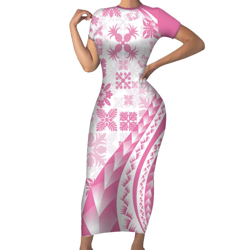 Pink Hawaiian Quilt Pattern Family Matching Short Sleeve Bodycon Dress and Hawaiian Shirt Mixed Polynesian Tribal Arty LT9 Mom's Dress Pink - Polynesian Pride