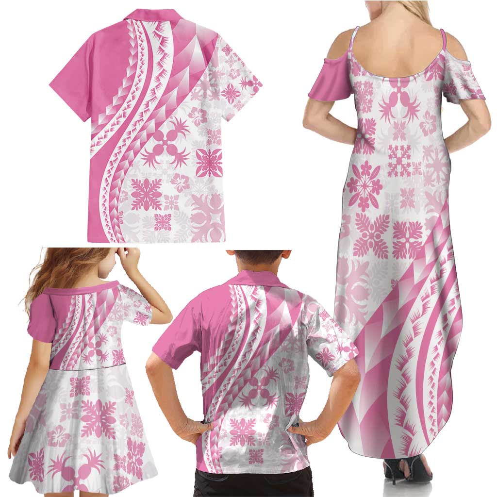 Pink Hawaiian Quilt Pattern Family Matching Summer Maxi Dress and Hawaiian Shirt Mixed Polynesian Tribal Arty