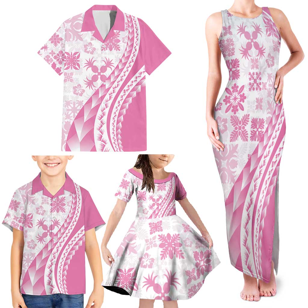 Pink Hawaiian Quilt Pattern Family Matching Tank Maxi Dress and Hawaiian Shirt Mixed Polynesian Tribal Arty