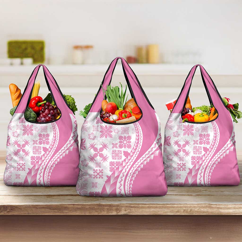 Pink Hawaiian Quilt Pattern Grocery Bag Mixed Polynesian Tribal Arty