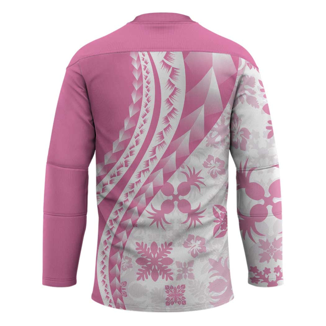 Pink Hawaiian Quilt Pattern Hockey Jersey Mixed Polynesian Tribal Arty - Polynesian Pride