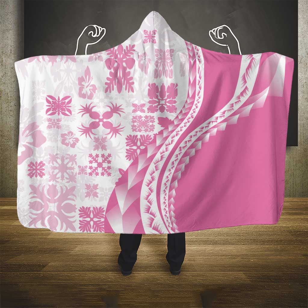 Pink Hawaiian Quilt Pattern Hooded Blanket Mixed Polynesian Tribal Arty