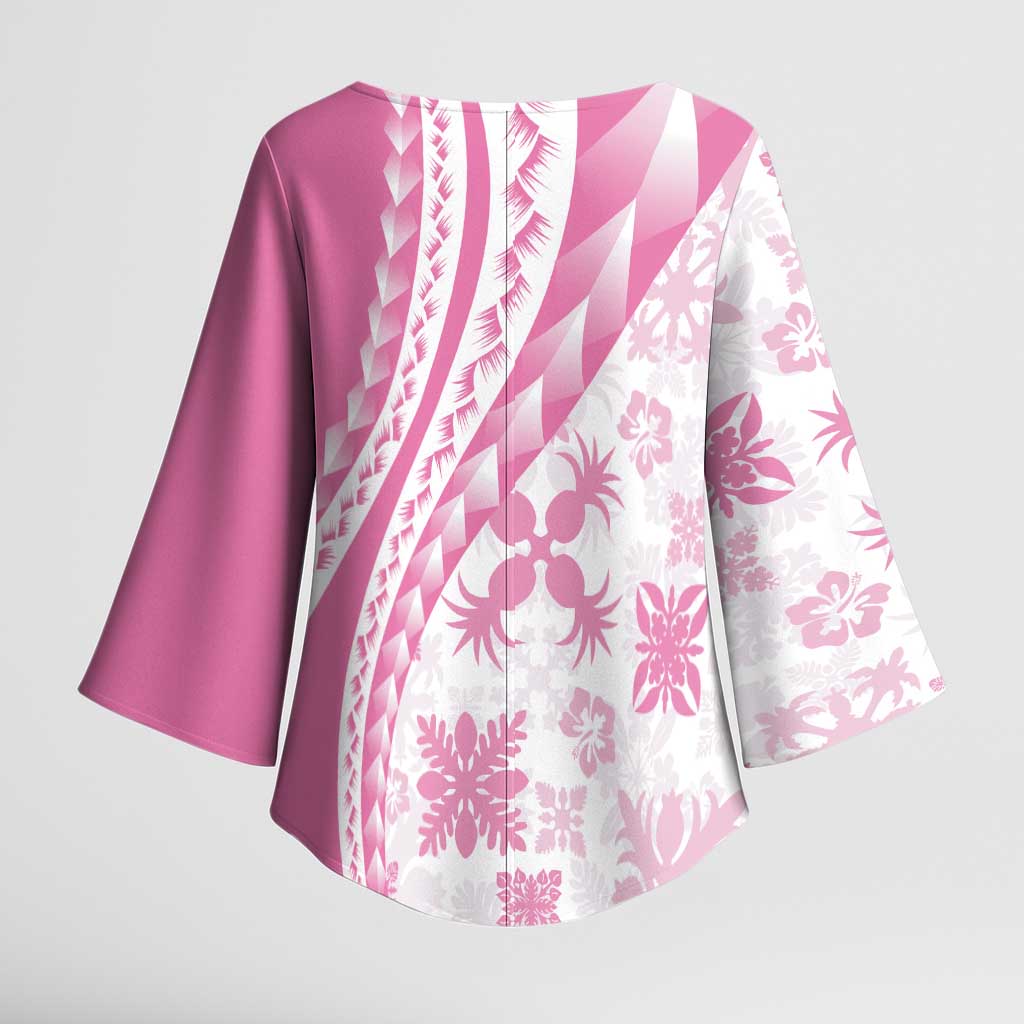 Pink Hawaiian Quilt Pattern Kimono Sleeve Blouse Mixed Polynesian Tribal Arty - Polynesian Pride