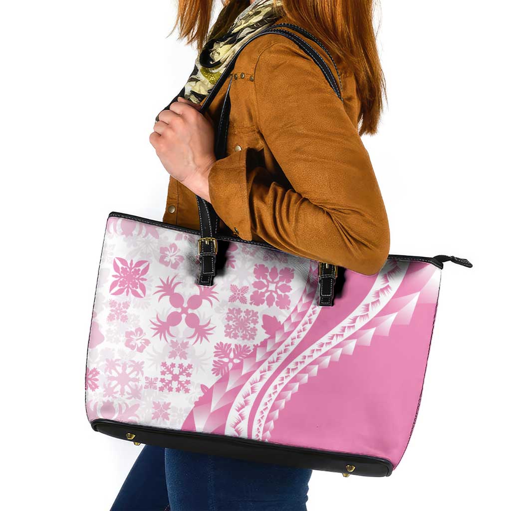 Pink Hawaiian Quilt Pattern Leather Tote Bag Mixed Polynesian Tribal Arty LT9 Pink - Polynesian Pride
