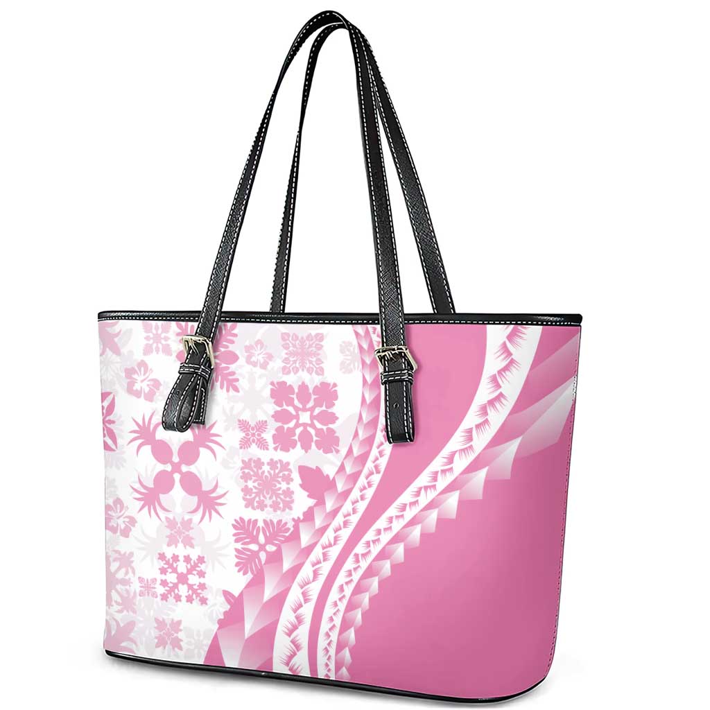Pink Hawaiian Quilt Pattern Leather Tote Bag Mixed Polynesian Tribal Arty LT9 - Polynesian Pride