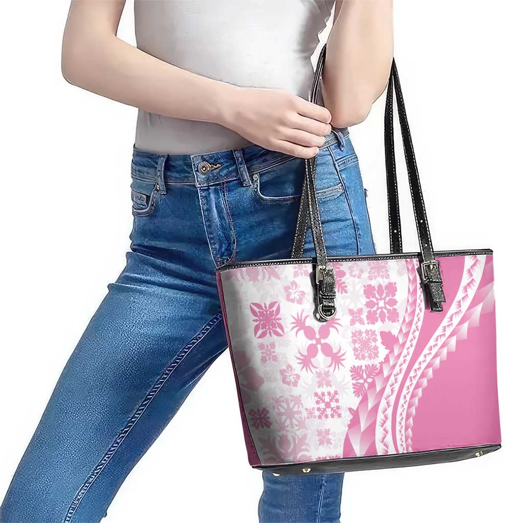 Pink Hawaiian Quilt Pattern Leather Tote Bag Mixed Polynesian Tribal Arty LT9 - Polynesian Pride