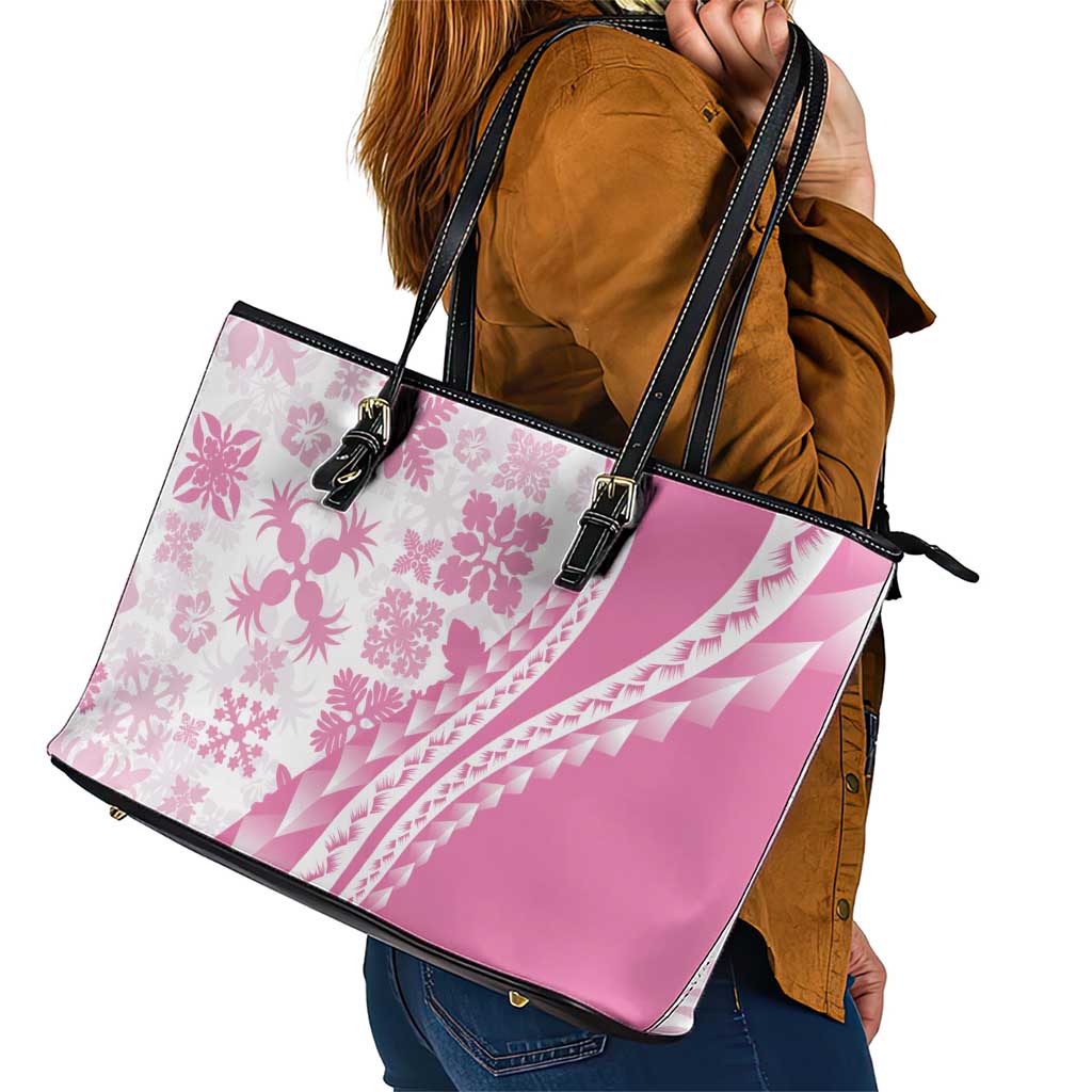 Pink Hawaiian Quilt Pattern Leather Tote Bag Mixed Polynesian Tribal Arty LT9 - Polynesian Pride