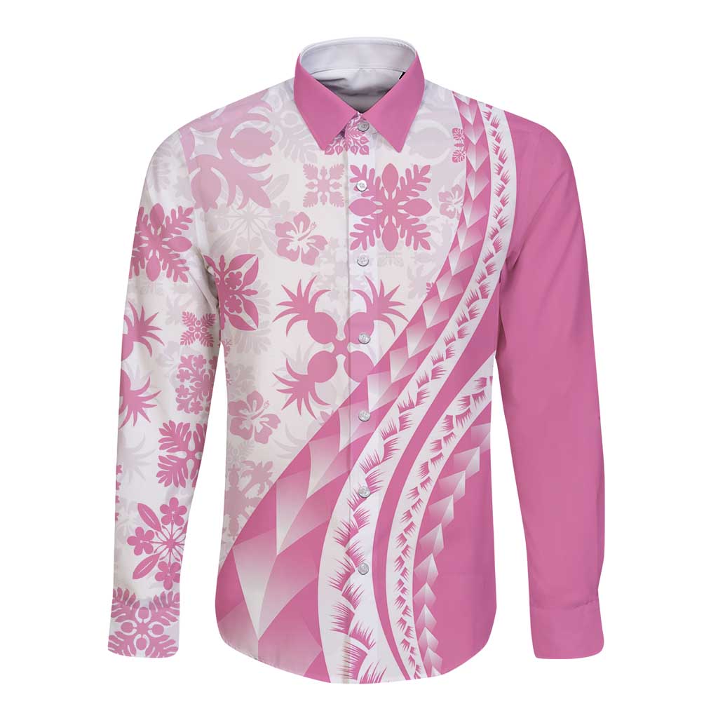 Pink Hawaiian Quilt Pattern Long Sleeve Button Shirt Mixed Polynesian Tribal Arty