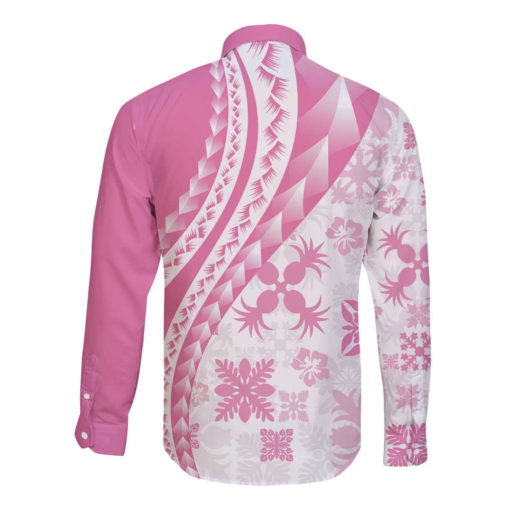 Pink Hawaiian Quilt Pattern Long Sleeve Button Shirt Mixed Polynesian Tribal Arty