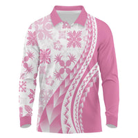 Pink Hawaiian Quilt Pattern Long Sleeve Polo Shirt Mixed Polynesian Tribal Arty