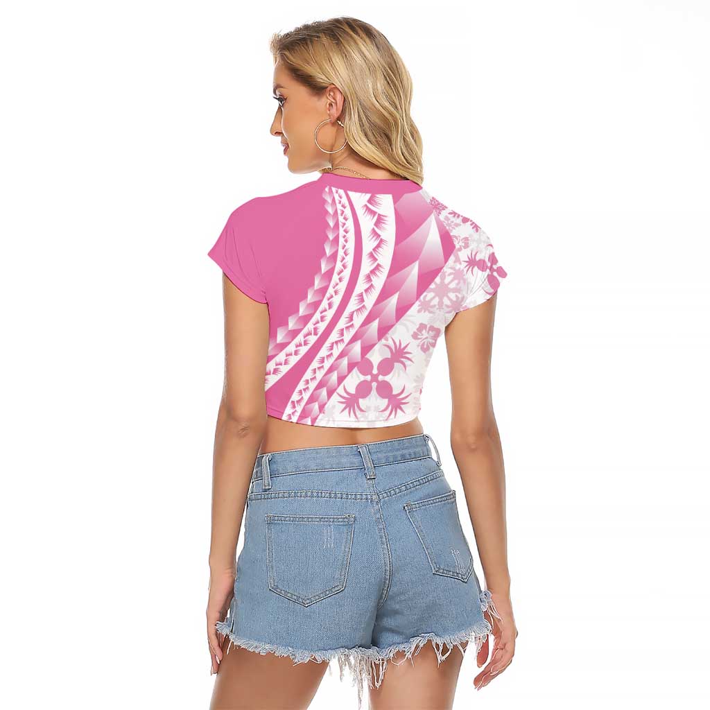 Pink Hawaiian Quilt Pattern Raglan Cropped T Shirt Mixed Polynesian Tribal Arty