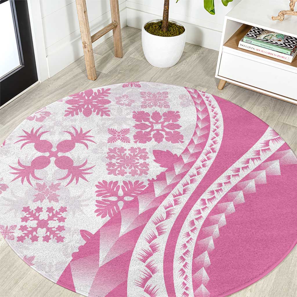 Pink Hawaiian Quilt Pattern Round Carpet Mixed Polynesian Tribal Arty