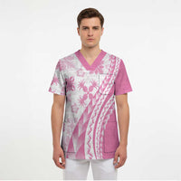 Pink Hawaiian Quilt Pattern Scrub Top Mixed Polynesian Tribal Arty - Polynesian Pride