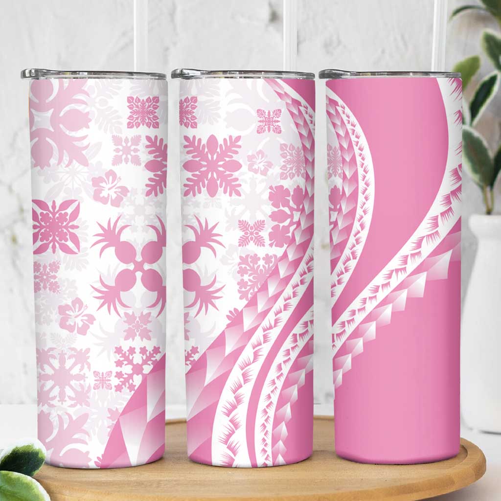 Pink Hawaiian Quilt Pattern Skinny Tumbler Mixed Polynesian Tribal Arty