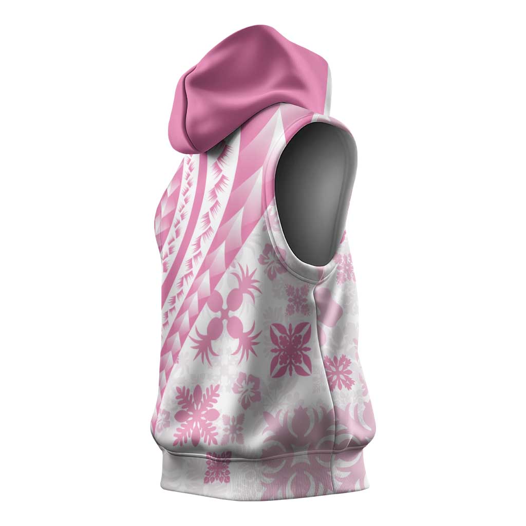 Pink Hawaiian Quilt Pattern Sleeveless Hoodie Mixed Polynesian Tribal Arty - Polynesian Pride