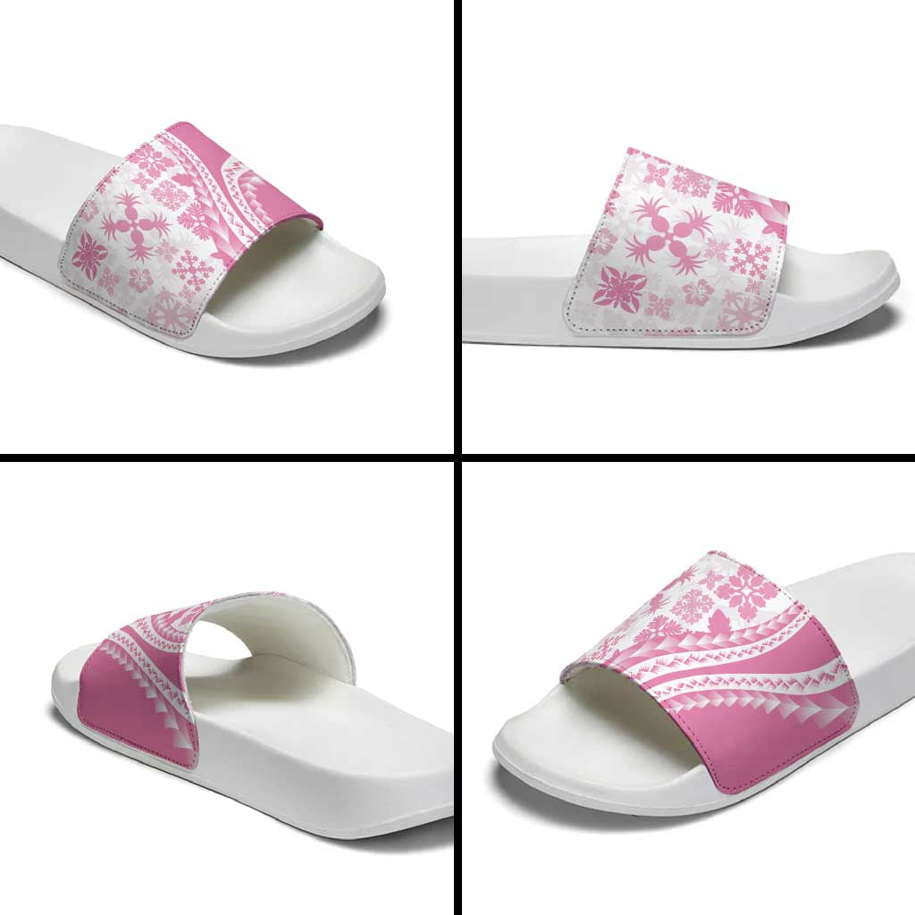 Pink Hawaiian Quilt Pattern Slide Sandals Mixed Polynesian Tribal Arty - Polynesian Pride