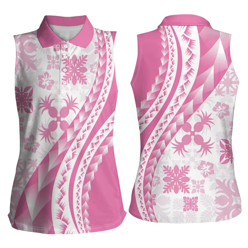 Pink Hawaiian Quilt Pattern Women Sleeveless Polo Shirt Mixed Polynesian Tribal Arty