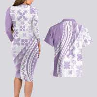 Purple Hawaiian Quilt Pattern Couples Matching Long Sleeve Bodycon Dress and Hawaiian Shirt Mixed Polynesian Tribal Arty