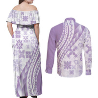Purple Hawaiian Quilt Pattern Couples Matching Off Shoulder Maxi Dress and Long Sleeve Button Shirt Mixed Polynesian Tribal Arty