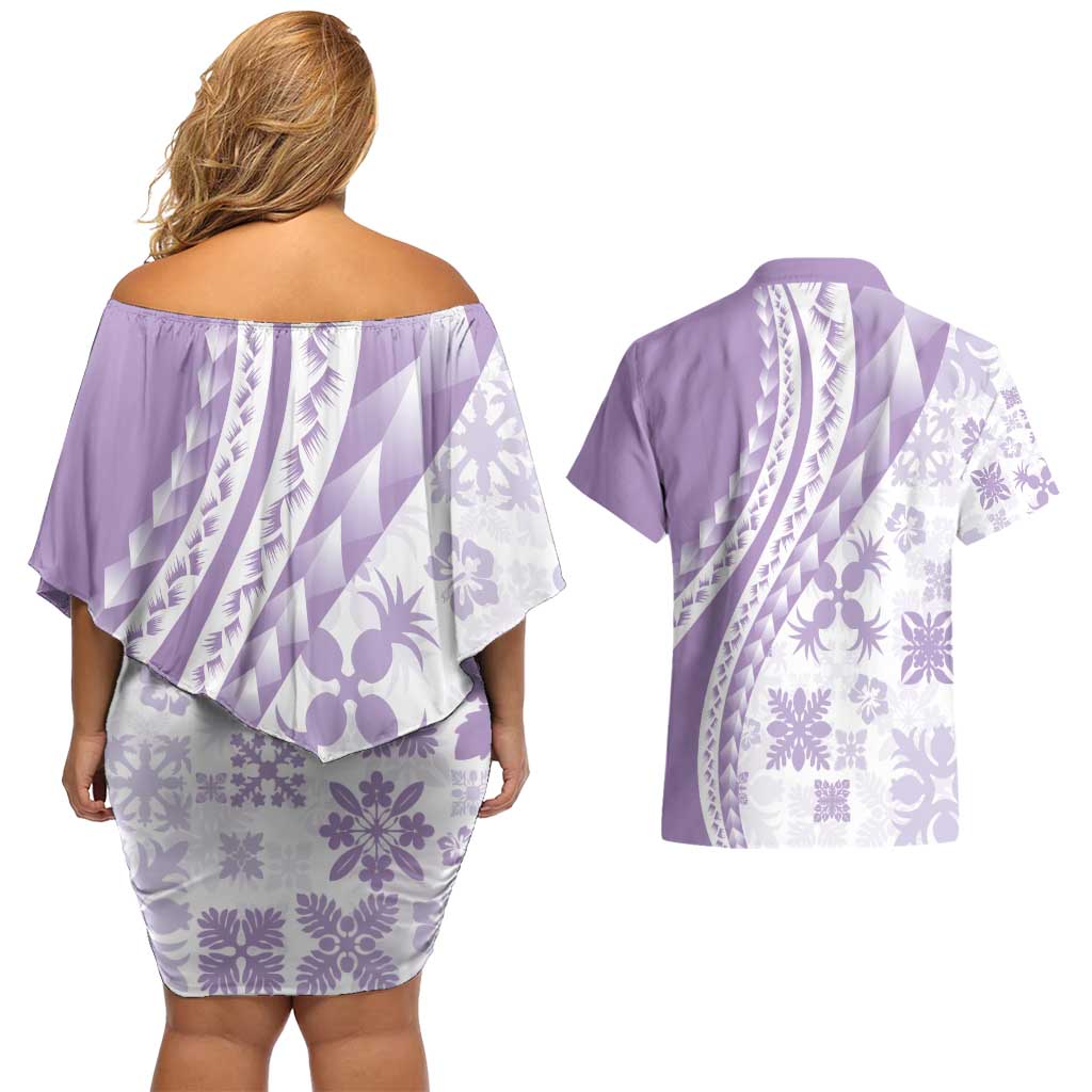 Purple Hawaiian Quilt Pattern Couples Matching Off Shoulder Short Dress and Hawaiian Shirt Mixed Polynesian Tribal Arty