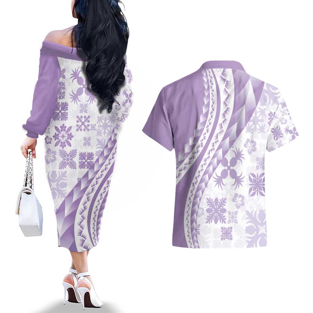 Purple Hawaiian Quilt Pattern Couples Matching Off The Shoulder Long Sleeve Dress and Hawaiian Shirt Mixed Polynesian Tribal Arty