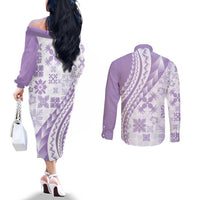Purple Hawaiian Quilt Pattern Couples Matching Off The Shoulder Long Sleeve Dress and Long Sleeve Button Shirt Mixed Polynesian Tribal Arty