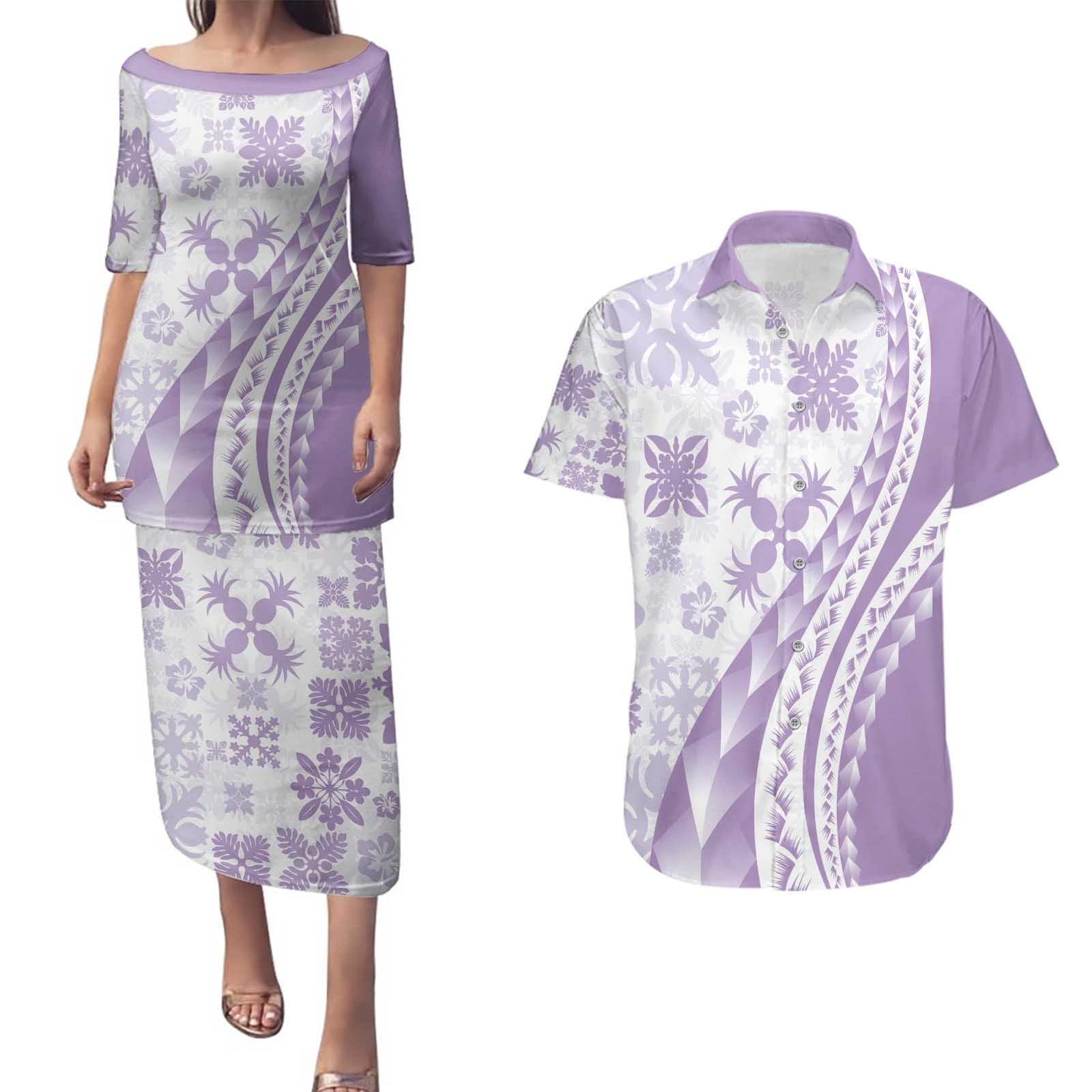 Purple Hawaiian Quilt Pattern Couples Matching Puletasi and Hawaiian Shirt Mixed Polynesian Tribal Arty