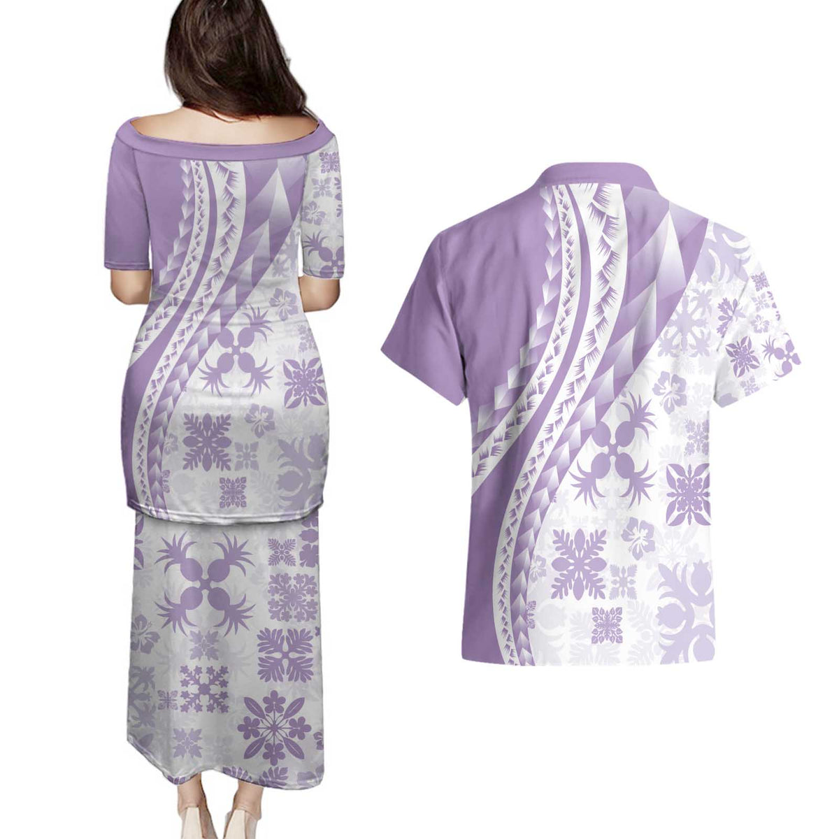 Purple Hawaiian Quilt Pattern Couples Matching Puletasi and Hawaiian Shirt Mixed Polynesian Tribal Arty