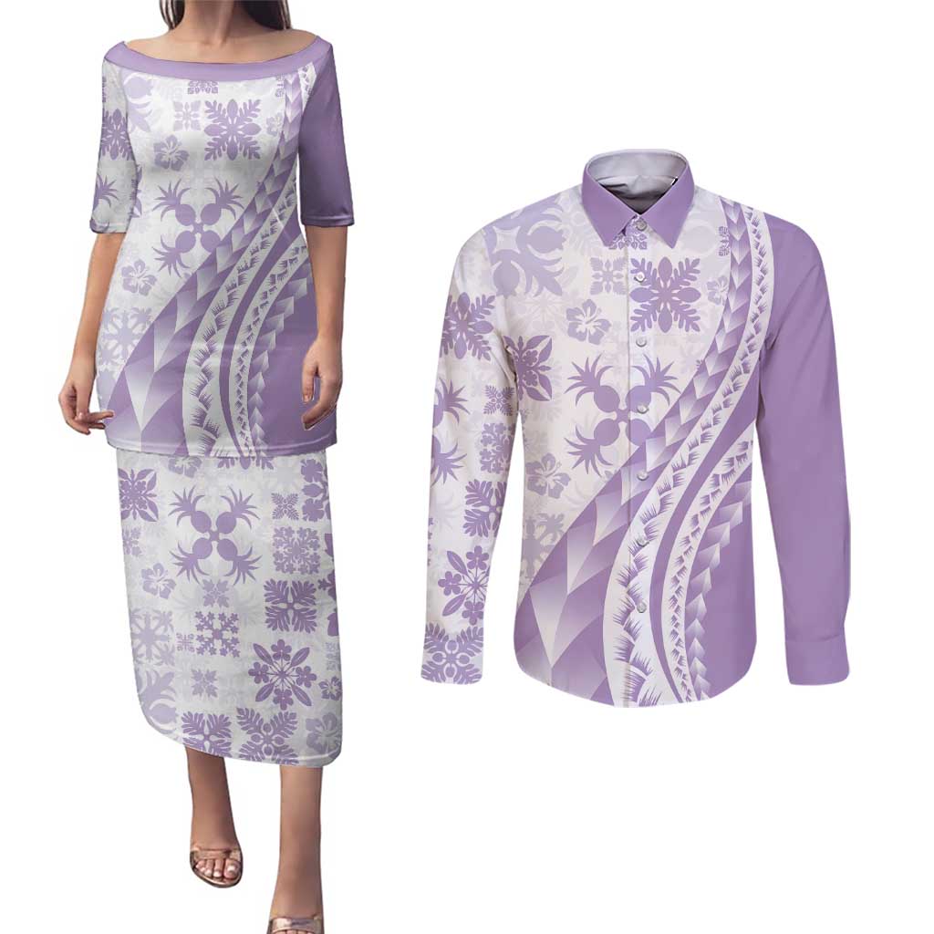 Purple Hawaiian Quilt Pattern Couples Matching Puletasi and Long Sleeve Button Shirt Mixed Polynesian Tribal Arty