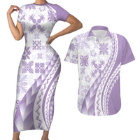 Purple Hawaiian Quilt Pattern Couples Matching Short Sleeve Bodycon Dress and Hawaiian Shirt Mixed Polynesian Tribal Arty