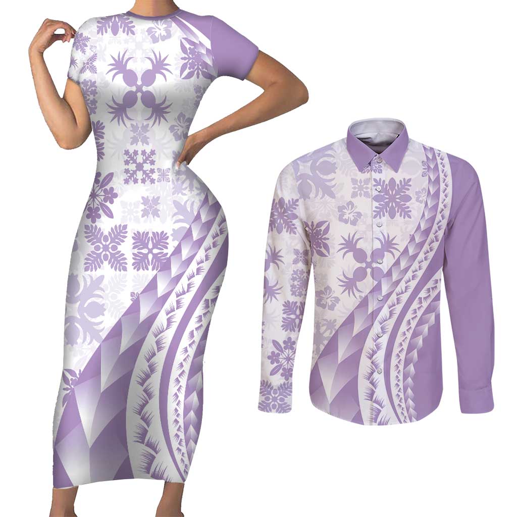 Purple Hawaiian Quilt Pattern Couples Matching Short Sleeve Bodycon Dress and Long Sleeve Button Shirt Mixed Polynesian Tribal Arty
