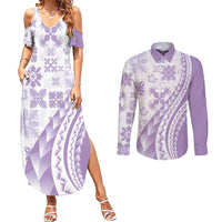 Purple Hawaiian Quilt Pattern Couples Matching Summer Maxi Dress and Long Sleeve Button Shirt Mixed Polynesian Tribal Arty