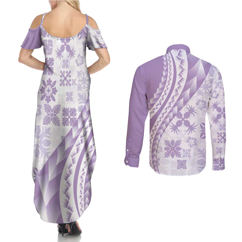 Purple Hawaiian Quilt Pattern Couples Matching Summer Maxi Dress and Long Sleeve Button Shirt Mixed Polynesian Tribal Arty