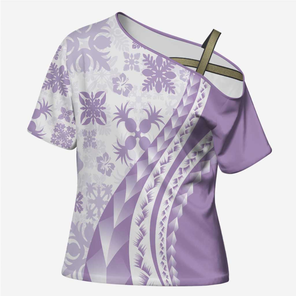 Purple Hawaiian Quilt Pattern Cross Shoulder Shirt Mixed Polynesian Tribal Arty - Polynesian Pride