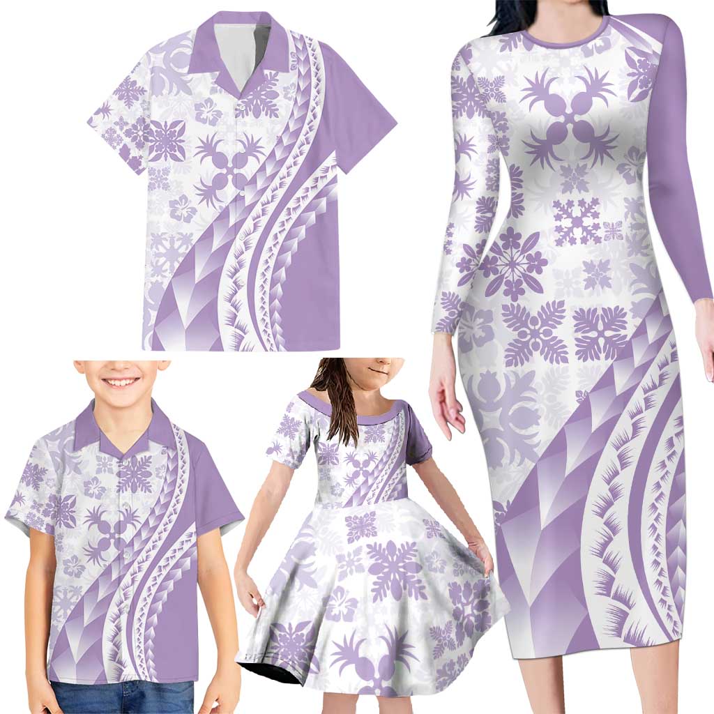 Purple Hawaiian Quilt Pattern Family Matching Long Sleeve Bodycon Dress and Hawaiian Shirt Mixed Polynesian Tribal Arty LT9 - Polynesian Pride