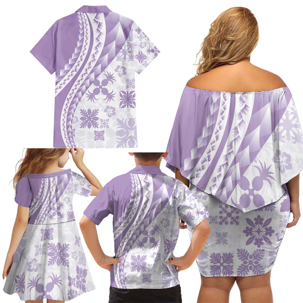 Purple Hawaiian Quilt Pattern Family Matching Off Shoulder Short Dress and Hawaiian Shirt Mixed Polynesian Tribal Arty