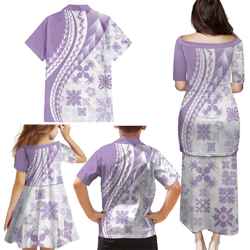 Purple Hawaiian Quilt Pattern Family Matching Puletasi and Hawaiian Shirt Mixed Polynesian Tribal Arty