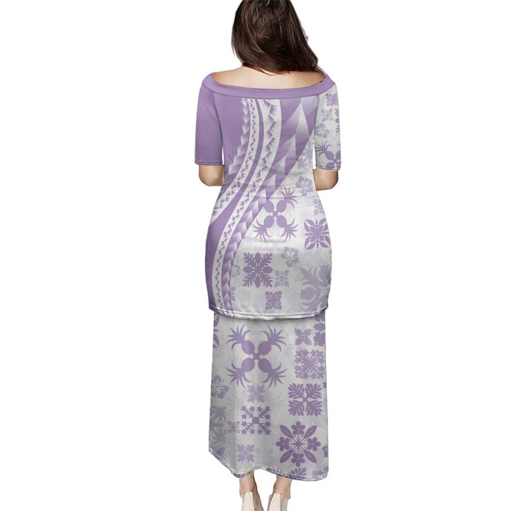 Purple Hawaiian Quilt Pattern Family Matching Puletasi and Hawaiian Shirt Mixed Polynesian Tribal Arty