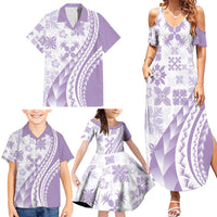 Purple Hawaiian Quilt Pattern Family Matching Summer Maxi Dress and Hawaiian Shirt Mixed Polynesian Tribal Arty
