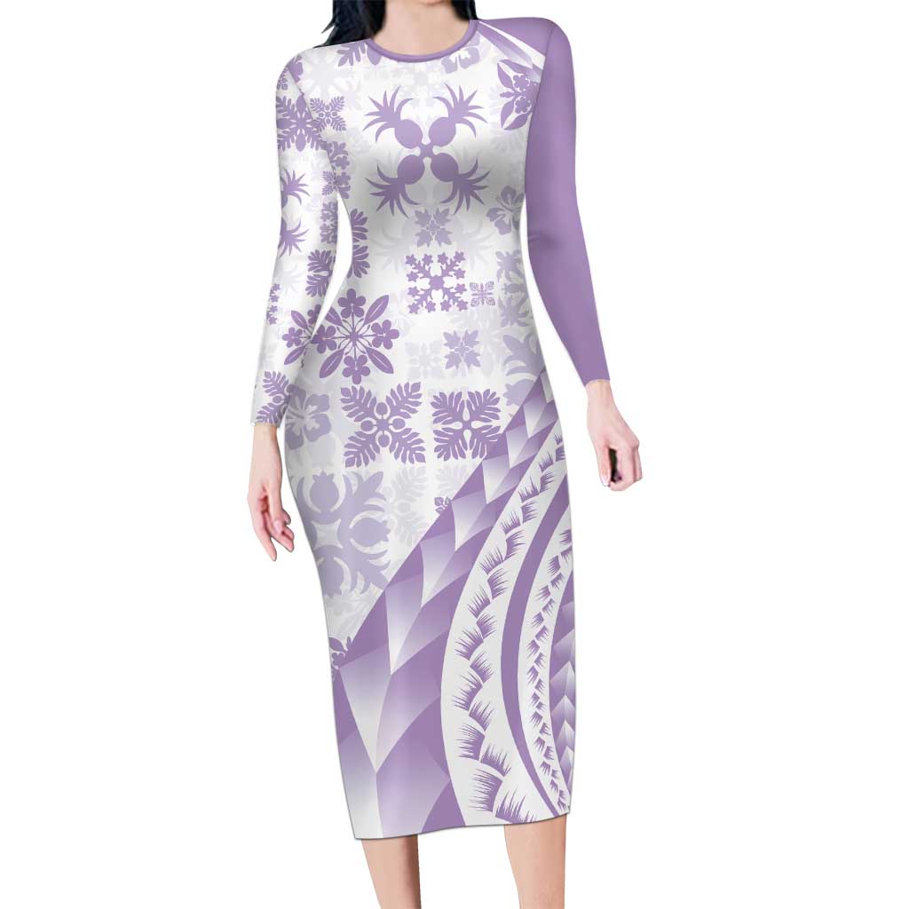 Purple Hawaiian Quilt Pattern Long Sleeve Bodycon Dress Mixed Polynesian Tribal Arty
