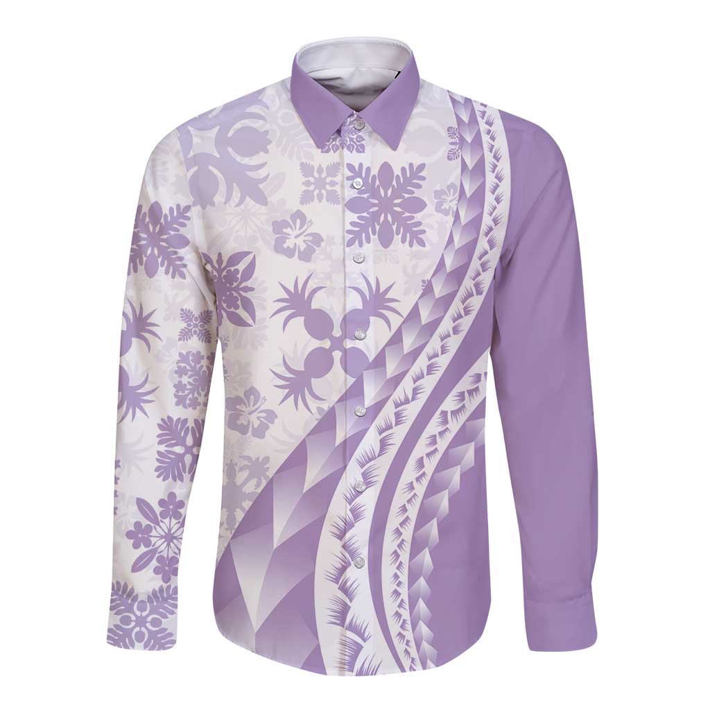 Purple Hawaiian Quilt Pattern Long Sleeve Button Shirt Mixed Polynesian Tribal Arty